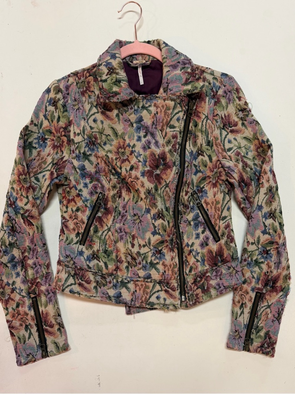 Anthropologie Floral Tapestry Moto Jacket - Purple, Green, Pink, Cream